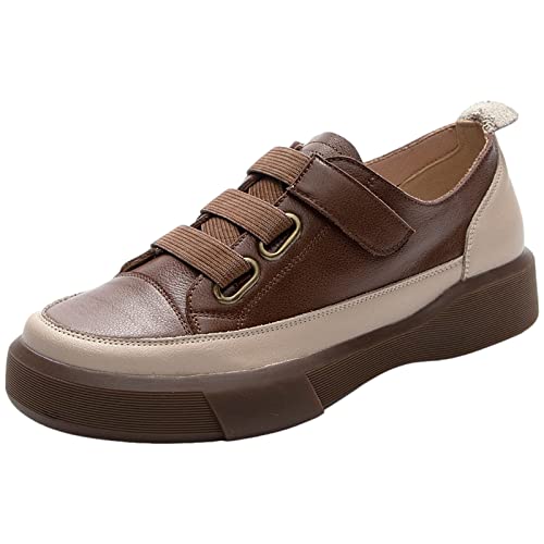Jamron Damen Retro Stil Low Top Sneaker aus Echtem Leder Weicher Sohle Loafer Schuhe mit Klettverschluss Braun EU41.5 von Jamron