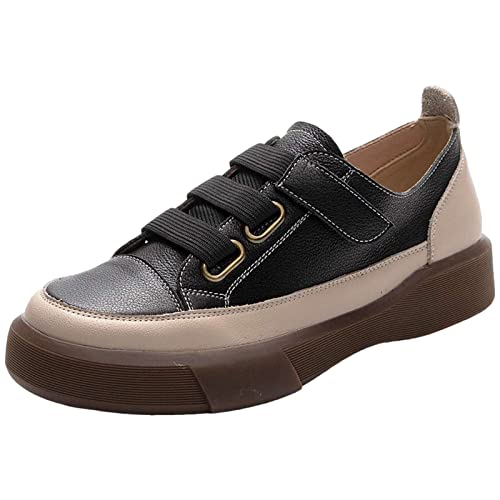 Jamron Damen Retro Stil Low Top Sneaker aus Echtem Leder Weicher Sohle Loafer Schuhe mit Klettverschluss Schwarz EU37.5 von Jamron