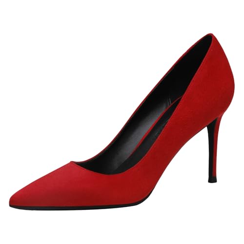 Jamron Damen Samt 8CM High Heels Elegant Spitze Zehen Pumps Büro Arbeitsschuhe Rot SN0711129-2 EU36 von Jamron