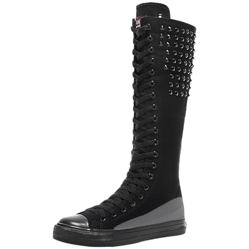 Jamron Damen Segeltuch Keilabsatz Kniestiefel mit Reißverschluss Schwarz Nieten SN816-1 EU40 von Jamron