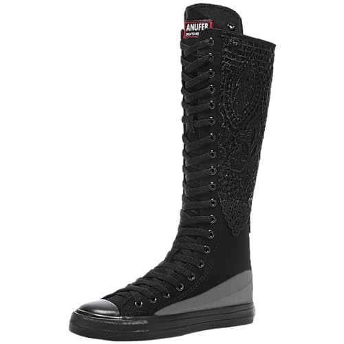 Jamron Damen Segeltuch Keilabsatz Kniestiefel mit Reißverschluss Schwarz Spitzenbesatz SN815-1 EU39.5 von Jamron