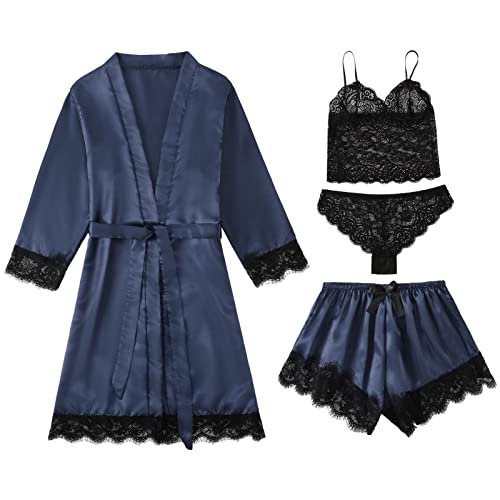 Jamron Damen Sexy Blumen Spitzenborte 4 Stück Pyjama Set Satin Babydoll Erotische Dessous Outfit SN070316 Blau L von Jamron