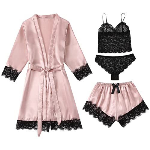 Jamron Damen Sexy Blumen Spitzenborte 4 Stück Pyjama Set Satin Babydoll Erotische Dessous Outfit SN070316 Rosa L von Jamron