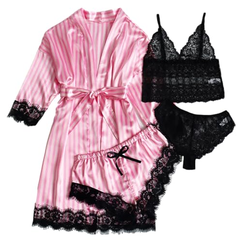 Jamron Damen Sexy Blumen Spitzenborte 4 Stück Pyjama Set Satin Babydoll Erotische Dessous Outfit SN070316 Rosa Streifen L von Jamron