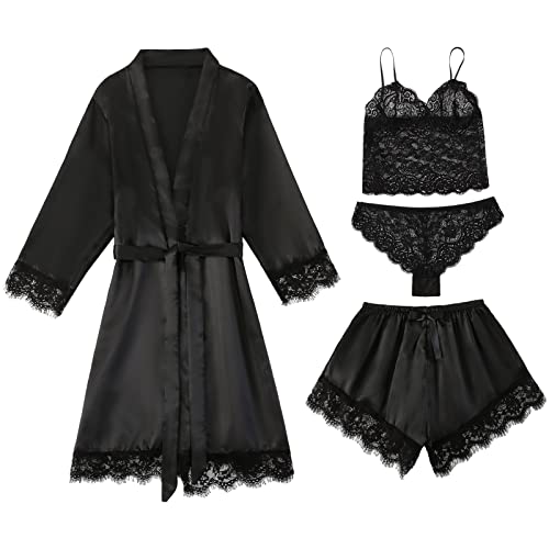 Jamron Damen Sexy Blumen Spitzenborte 4 Stück Pyjama Set Satin Babydoll Erotische Dessous Outfit SN070316 Schwarz L von Jamron