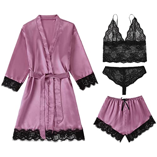 Jamron Damen Sexy Blumen Spitzenborte 4 Stück Pyjama Set Satin Babydoll Erotische Dessous Outfit SN070316 Violett L von Jamron