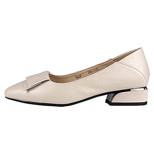 Jamron Damen Spitze Zehen Blockabsatz Karierte Leder Pumps Schuhe Weiche Sohle Ballerinas Beige SN602C046 EU37 von Jamron