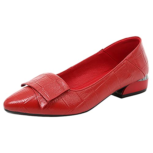 Jamron Damen Spitze Zehen Blockabsatz Karierte Leder Pumps Schuhe Weiche Sohle Ballerinas Rot SN602C046 EU37 von Jamron