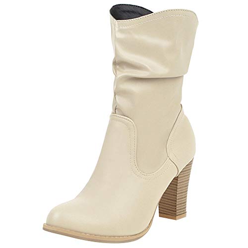 Jamron Damen Stilvoll Blockabsatz Schlüpfen Geraffte Wadenstiefel Flauschige Slouch Stiefel Beige SN02816 EU42.5 von Jamron