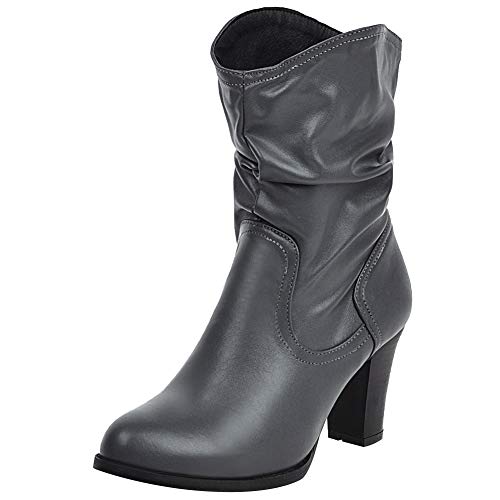 Jamron Damen Stilvoll Blockabsatz Schlüpfen Geraffte Wadenstiefel Flauschige Slouch Stiefel Grau SN02816 EU38.5 von Jamron