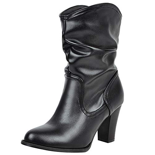 Jamron Damen Stilvoll Blockabsatz Schlüpfen Geraffte Wadenstiefel Flauschige Slouch Stiefel Schwarz SN02816 EU45.5 von Jamron