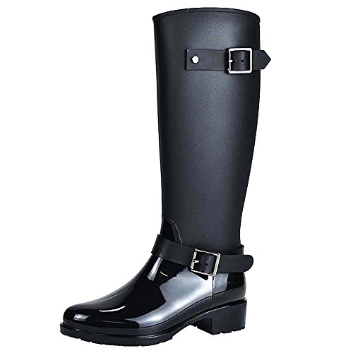 Jamron Damen Stilvoll Schnee Regen Festival Groß Wellies Einstellbar Gürtelschnalle Kniehoch Reißverschluss Gummistiefel Schwarz SN02006 EU37 von Jamron