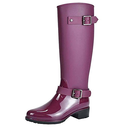 Jamron Damen Stilvoll Schnee Regen Festival Groß Wellies Einstellbar Gürtelschnalle Kniehoch Reißverschluss Gummistiefel Violett SN02006 EU36 von Jamron