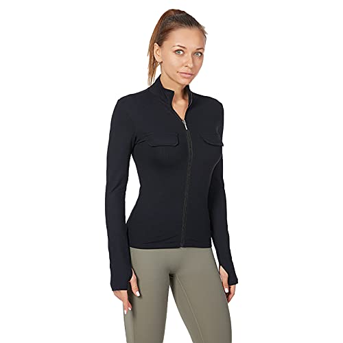 Jamron Damen Stretch Laufjacke mit Daumenlöchern Slim Fit Yoga Workout Sportjacke mit Flaps voll Reißverschluss Schwarz S von Jamron