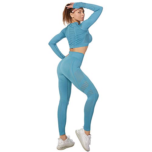 Jamron Damen Stretch Yoga Kleidung Set Crop Top+Leggings 2PCS Trainingsanzug Gym Fitness Activewear SN05405 Blau L von Jamron