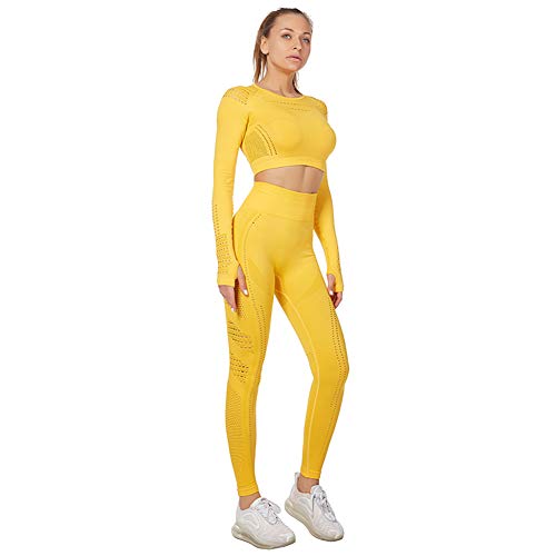 Jamron Damen Stretch Yoga Kleidung Set Crop Top+Leggings 2PCS Trainingsanzug Gym Fitness Activewear SN05405 Gelb L von Jamron
