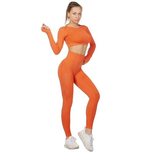 Jamron Damen Stretch Yoga Kleidung Set Crop Top+Leggings 2PCS Trainingsanzug Gym Fitness Activewear SN05405 Orange M von Jamron