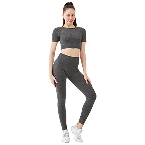 Jamron Damen Stretch Yoga Kleidung Set Crop Top+Leggings 2PCS Trainingsanzug Gym Fitness Activewear SN070604-2 Dunkelgrau S von Jamron