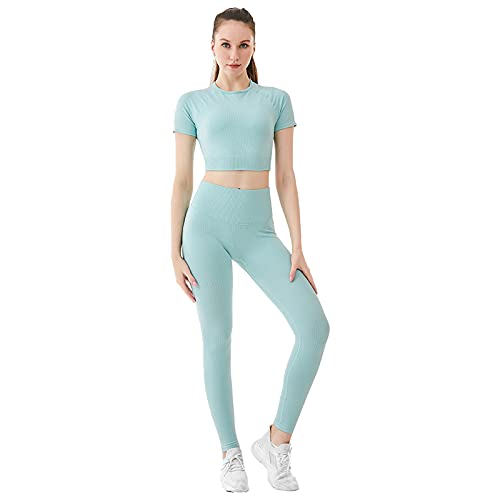Jamron Damen Stretch Yoga Kleidung Set Crop Top+Leggings 2PCS Trainingsanzug Gym Fitness Activewear SN070604-2 Hellblau M von Jamron