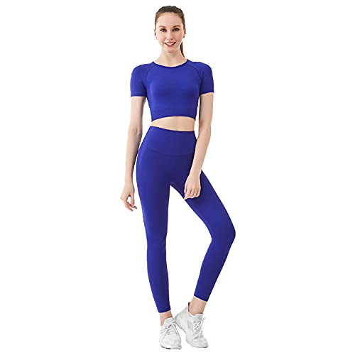 Jamron Damen Stretch Yoga Kleidung Set Crop Top+Leggings 2PCS Trainingsanzug Gym Fitness Activewear SN070604-2 Königsblau M von Jamron