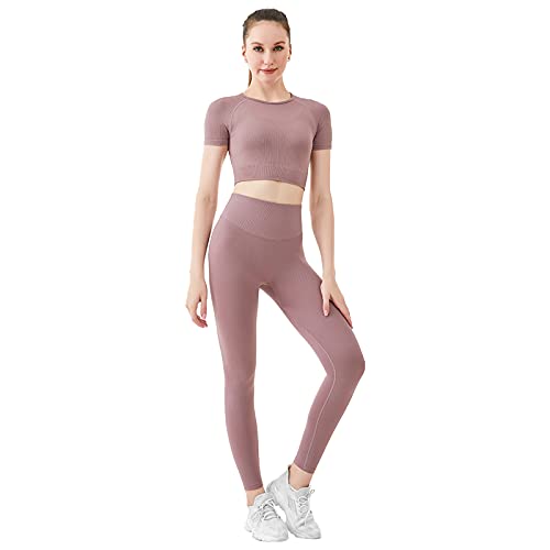 Jamron Damen Stretch Yoga Kleidung Set Crop Top+Leggings 2PCS Trainingsanzug Gym Fitness Activewear SN070604-2 Pfirsich M von Jamron