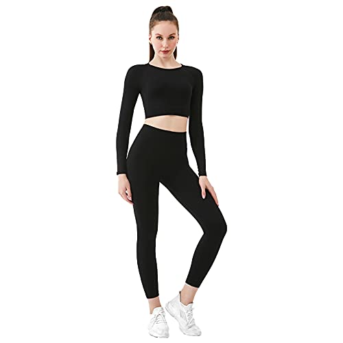 Jamron Damen Stretch Yoga Kleidung Set Crop Top+Leggings 2PCS Trainingsanzug Gym Fitness Activewear SN070604-4 Schwarz L von Jamron