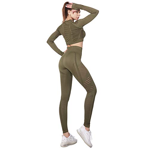 Jamron Damen Stretch Yoga Kleidung Set Crop Top+Leggings 2PCS Trainingsanzug Gym Fitness Activewear SN05405 Armeegrün M von Jamron