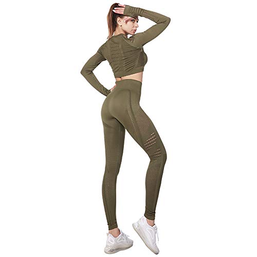 Jamron Damen Stretch Yoga Kleidung Set Crop Top+Leggings 2PCS Trainingsanzug Gym Fitness Activewear SN05405 Armeegrün S von Jamron