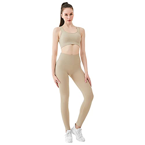 Jamron Damen Stretch Yoga Kleidung Set Sport-BH+Leggings 2PCS Trainingsanzug Gym Fitness Activewear SN070604-3 Khaki M von Jamron