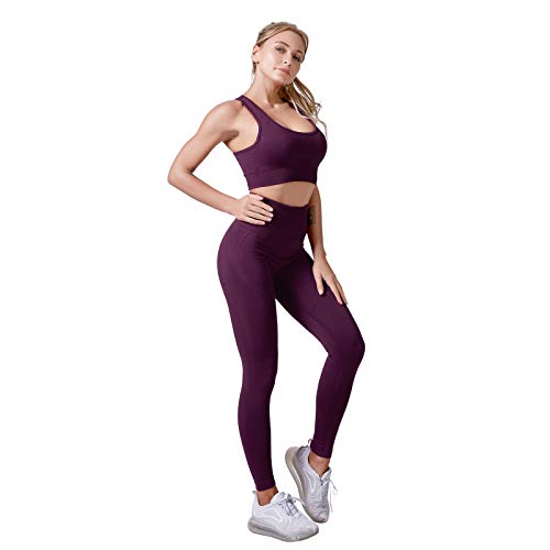 Jamron Damen Stretch Yoga Kleidung Set Sport-BH+Leggings 2PCS Trainingsanzug Gym Fitness Activewear SN071202 Dunkel Violett L von Jamron