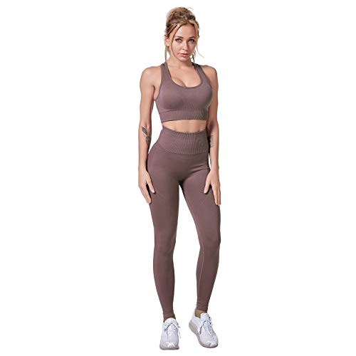 Jamron Damen Stretch Yoga Kleidung Set Sport-BH+Leggings 2PCS Trainingsanzug Gym Fitness Activewear SN071202 Khaki M von Jamron