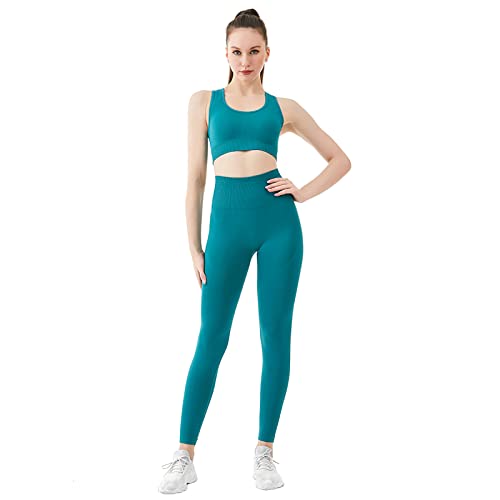 Jamron Damen Stretch Yoga Kleidung Set Sport-BH+Leggings 2PCS Trainingsanzug Gym Fitness Activewear SN071202 Türkis S von Jamron