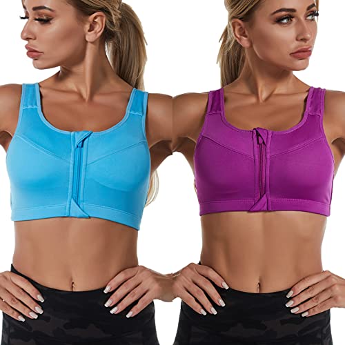 Jamron Damen Übergröße 2er-Pack Starker Halt Sport BH - Reißverschluss Vorne - Drahtlose & Abnehmbare Polster - Racerback Fitness Yoga Top Blau + Lila 4XL von Jamron