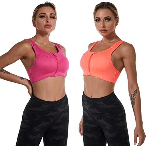 Jamron Damen Übergröße 2er-Pack Starker Halt Sport BH - Reißverschluss Vorne - Drahtlose & Abnehmbare Polster - Racerback Fitness Yoga Top Fuchsie + Orange M von Jamron