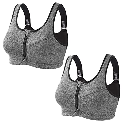 Jamron Damen Übergröße 2er-Pack Starker Halt Sport BH - Reißverschluss Vorne - Drahtlose & Abnehmbare Polster - Racerback Fitness Yoga Top Grau + Grau XXL von Jamron