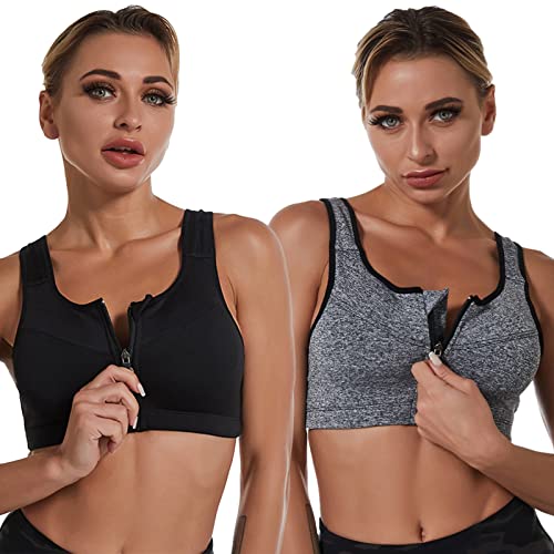 Jamron Damen Übergröße 2er-Pack Starker Halt Sport BH - Reißverschluss Vorne - Drahtlose & Abnehmbare Polster - Racerback Fitness Yoga Top Schwarz + Grau 4XL von Jamron