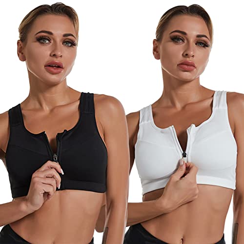 Jamron Damen Übergröße 2er-Pack Starker Halt Sport BH - Reißverschluss Vorne - Drahtlose & Abnehmbare Polster - Racerback Fitness Yoga Top Schwarz + Weiß 3XL von Jamron