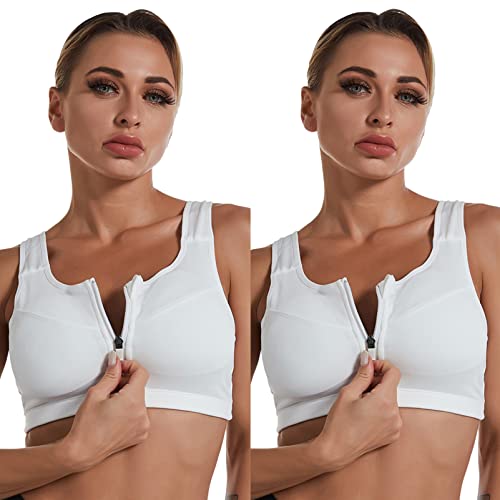 Jamron Damen Übergröße 2er-Pack Starker Halt Sport BH - Reißverschluss Vorne - Drahtlose & Abnehmbare Polster - Racerback Fitness Yoga Top Weiß + Weiß M von Jamron