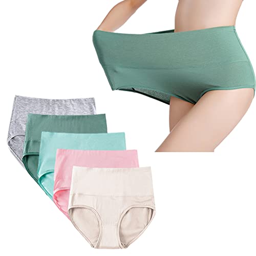 Jamron Damen Übergröße 5er Pack Hohe Taille Unterhosen Slip Stretch Unterwäsche Leichte Bauchkontrolle Höschen Grün + Grau + Hellblau + Nackt + Rosa L von Jamron