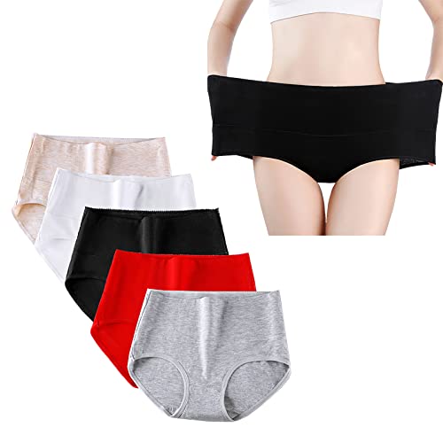Jamron Damen Übergröße 5er Pack Hohe Taille Unterhosen Slip Stretch Unterwäsche Leichte Bauchkontrolle Höschen Schwarz + Grau + Nackt + Rot + Weiß XXL von Jamron