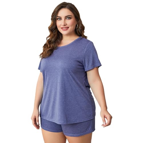 Jamron Damen Übergröße Schlafanzug Set Rundhals Kurzarm T-Shirt und Shorts Sommer Nachtwäsche Loungewear Blau 5XL von Jamron