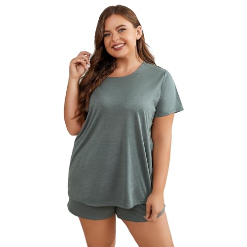 Jamron Damen Übergröße Schlafanzug Set Rundhals Kurzarm T-Shirt und Shorts Sommer Nachtwäsche Loungewear Grün 4XL von Jamron