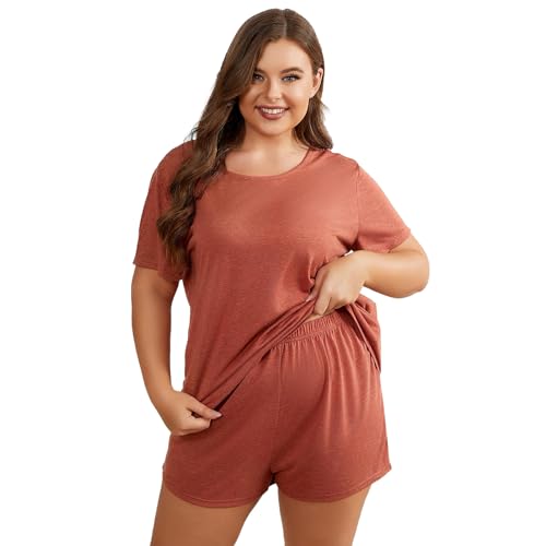 Jamron Damen Übergröße Schlafanzug Set Rundhals Kurzarm T-Shirt und Shorts Sommer Nachtwäsche Loungewear Rot 4XL von Jamron