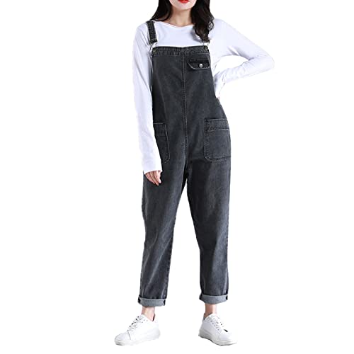 Jamron Damen Übergröße Stretch Latzhose Jeans Lang Denim Overall Jumpsuit Strampler Jeanshose mit Taschen Grau XS von Jamron
