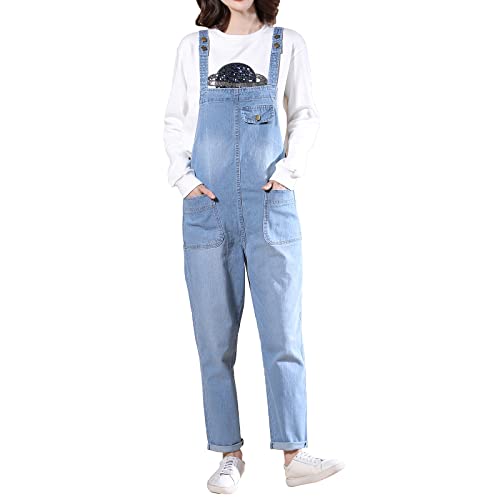 Jamron Damen Übergröße Stretch Latzhose Jeans Lang Denim Overall Jumpsuit Strampler Jeanshose mit Taschen Hellblau 4XL von Jamron