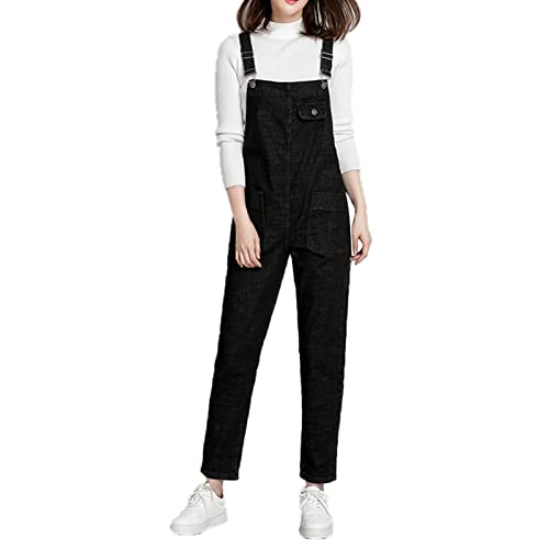 Jamron Damen Übergröße Stretch Latzhose Jeans Lang Denim Overall Jumpsuit Strampler Jeanshose mit Taschen Schwarz M von Jamron