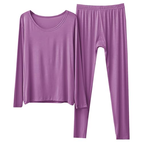 Jamron Damen Übergröße Thermounterwäsche Set Weich Dünn Langarm Thermo Oberteil und Unterteil Warme Unterwäsche Set Lila-2 5XL von Jamron