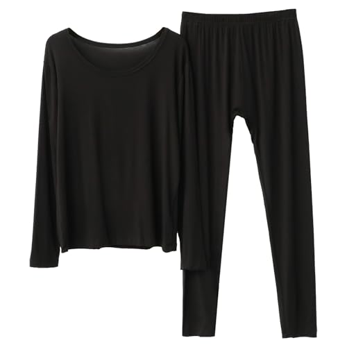 Jamron Damen Übergröße Thermounterwäsche Set Weich Dünn Langarm Thermo Oberteil und Unterteil Warme Unterwäsche Set Schwarz 5XL von Jamron