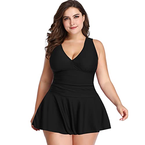 Jamron Damen Übergröße Zweiteiliger Tankini Badekleid mit Boyshort V-Ausschnitt Blumenmuster Bauchweg Badeanzug Schwarz M von Jamron