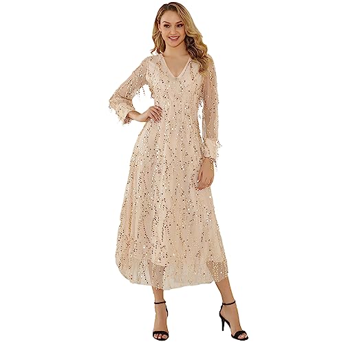 Jamron Damen Umkehrbar Elegant V-Ausschnitt Pailletten Quaste Tüllkleid Lange Abendkleid Hochzeitskleid SN0703118 Beige L Jamron Damen Umkehrbar Elegant V-Ausschnitt Pailletten Quaste Tüllkleid Lange Abendkleid Hochzeitskleid SN0703118 Beige L von Jamron